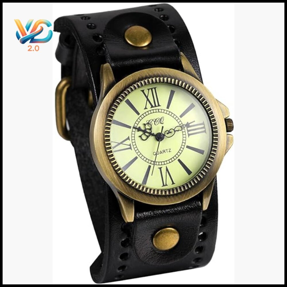 Vintage Leather Strap Quartz Wrist Watch with Cuff Design‎ for Men Women